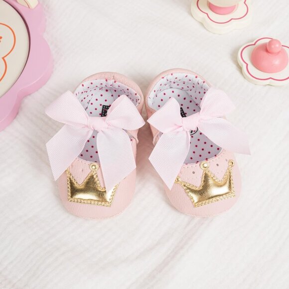 Infant Pink Gold Polyurethane Baby Girls Handmade Princess Flats First Walkers - Picture 4 of 6
